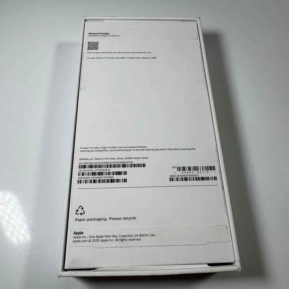 Apple A3257 iPhone 17 Pro Max Silver 256GB, Empty Box ONLY
